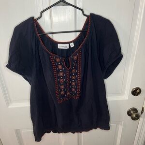 St. John's Bay Navy and Orange Embroidered Top